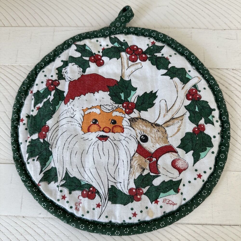 Vintage 80s Santa & Reindeer CSC Potholder Christmas Holiday Kitchen Decor Retro